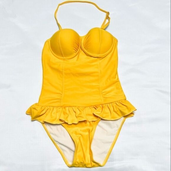 One Piece Swimsuit With Ruffle Mustard Yellow Size Small New - Picture 13 of 13